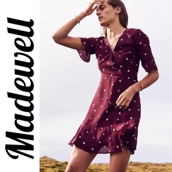 MADEWELL 100% Silk Burgundy Star Print Flutter Hem Faux Wrap Mini Dress, Small - Picture 6 of 13
